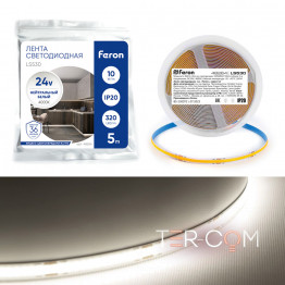 Светодиодная COB лента Feron LS530, 320SMD(2110) 10Вт/м 24V 5000*8*1.8мм 4000К IP20