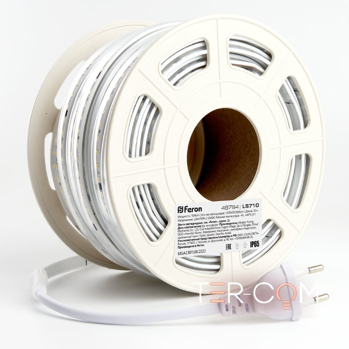 Лента светодиодная, 120SMD(2835)/м 10Вт/м 220V длина 25м, 6500K, IP65, FERON LS710 с 1 сетевым шнуро