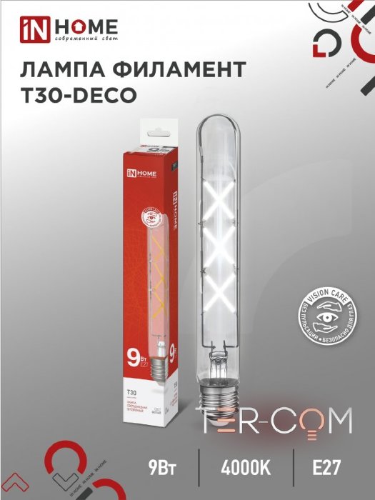 Лампа светодиодная LED-T30-deco 9Вт 230В Е27 4000К 1140Лм 225мм прозрачная IN HOME